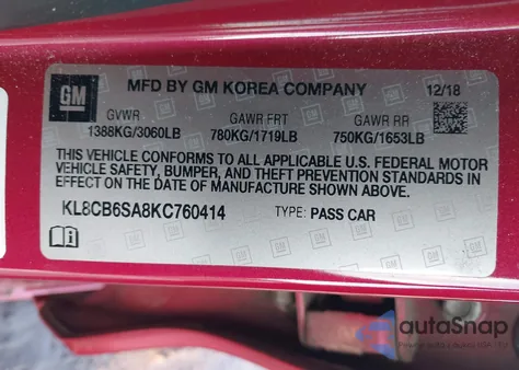 2019 Chevrolet Spark Ls Cvt из США, поврежденный, VIN KL8CB6SA8KC760414